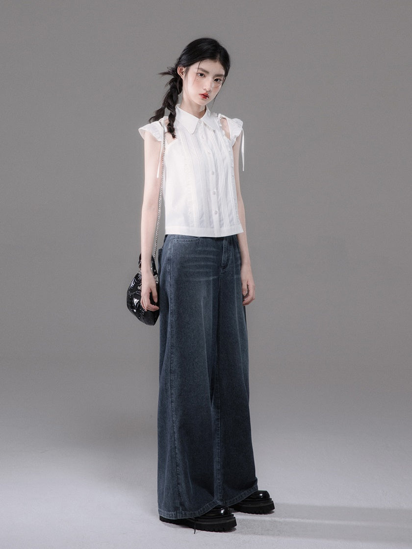 Double Strap Lace Stitch Denim Camisole & Wide-Leg Jeans Set-up