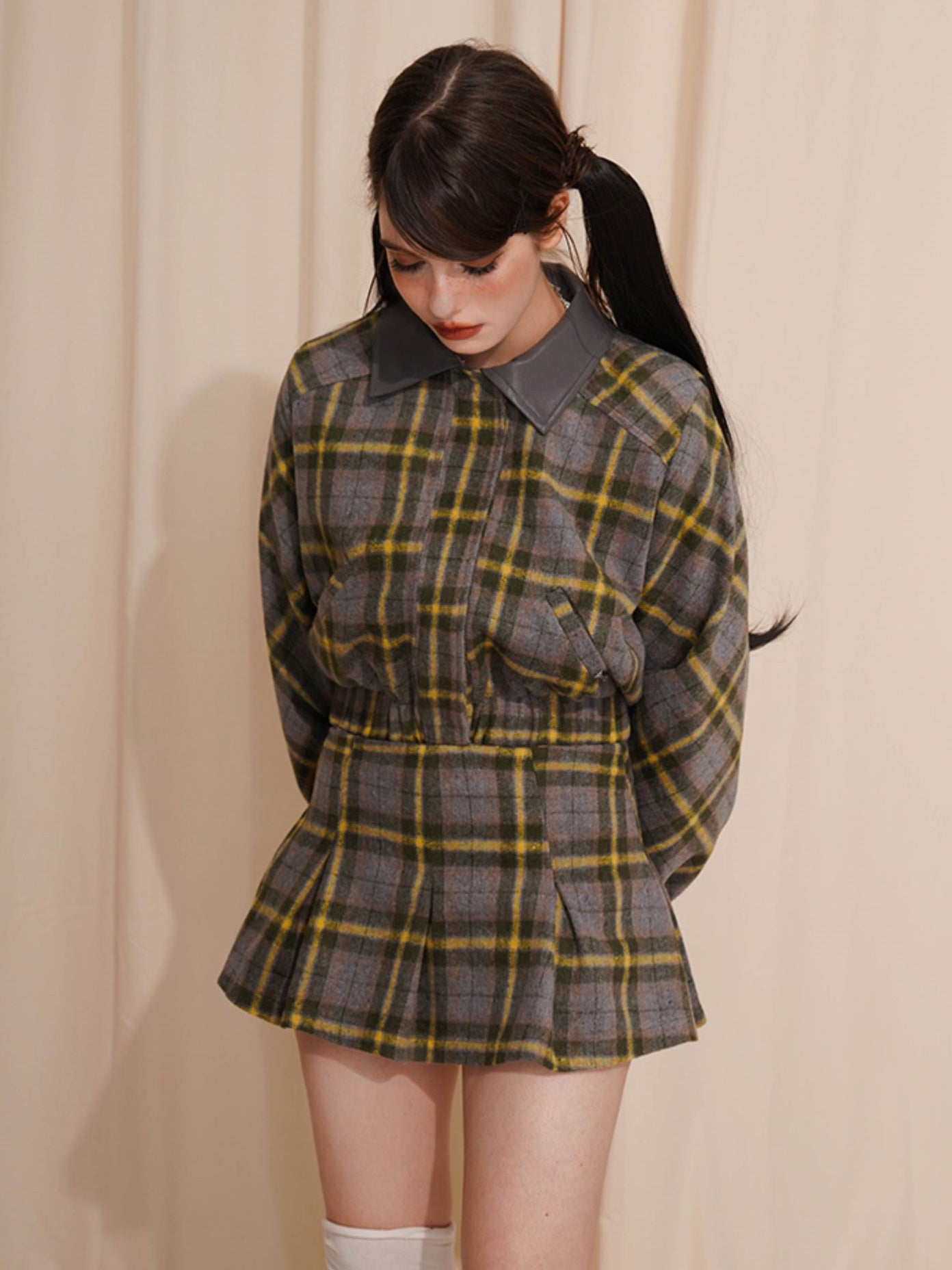 Plaid Short Navy Collar Jacket & Pleated Skirt