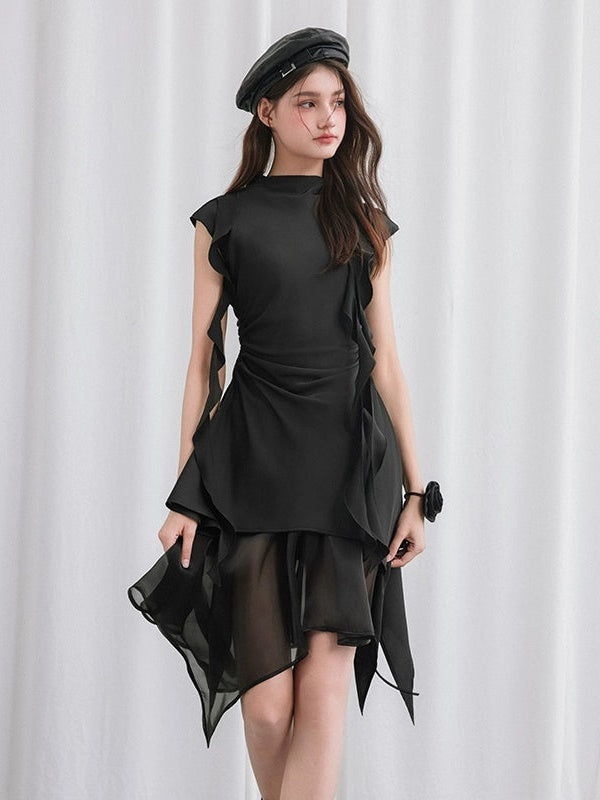 Backless Panelled Gauze Waist Streamers Irregular Midi Dress