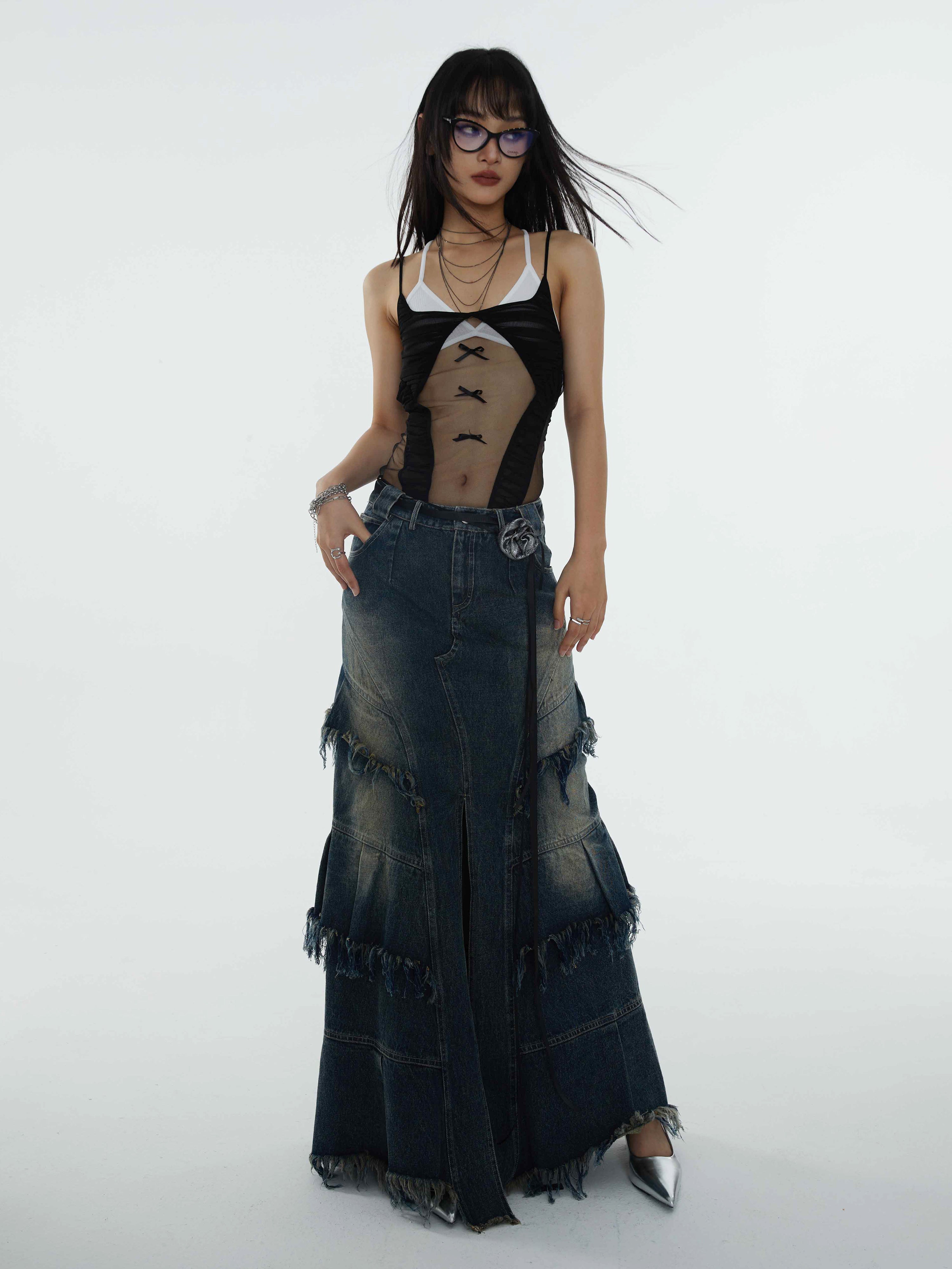 Washed Tassel Raw Edges Super Long Denim Skirt