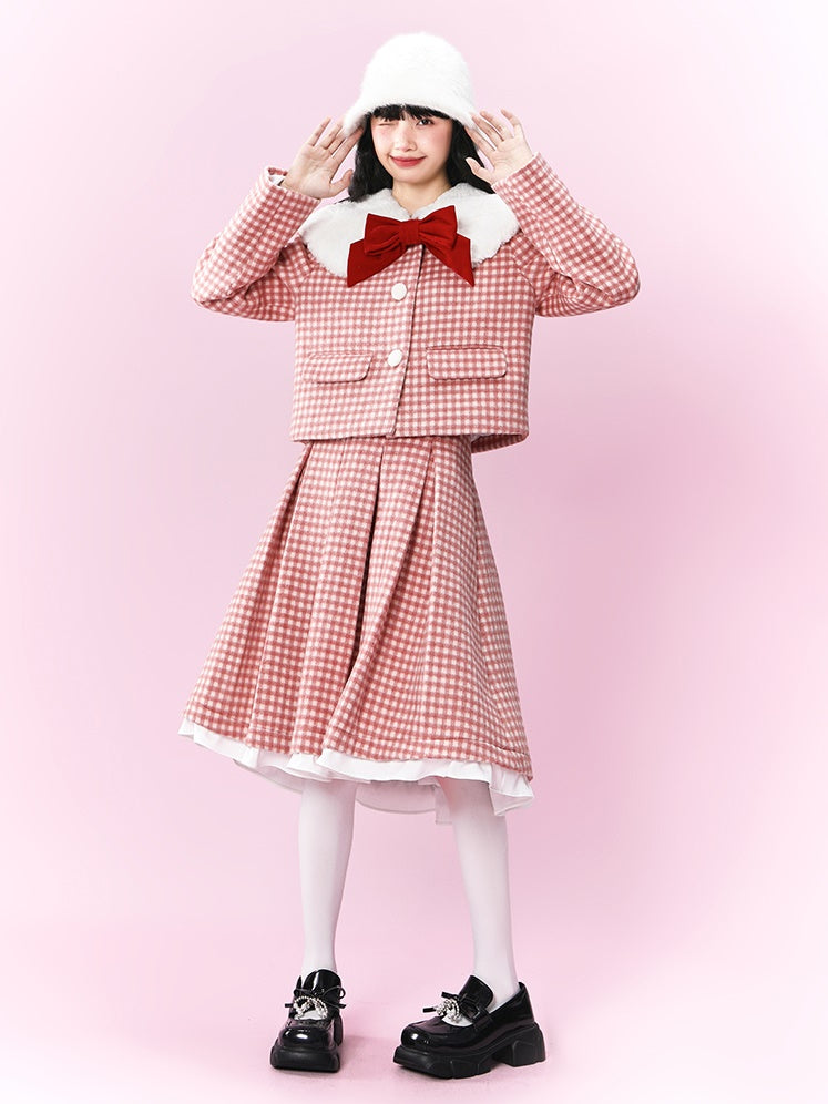 Retro Gingham Plaid Big Collar Jacket & Pleated Skirt