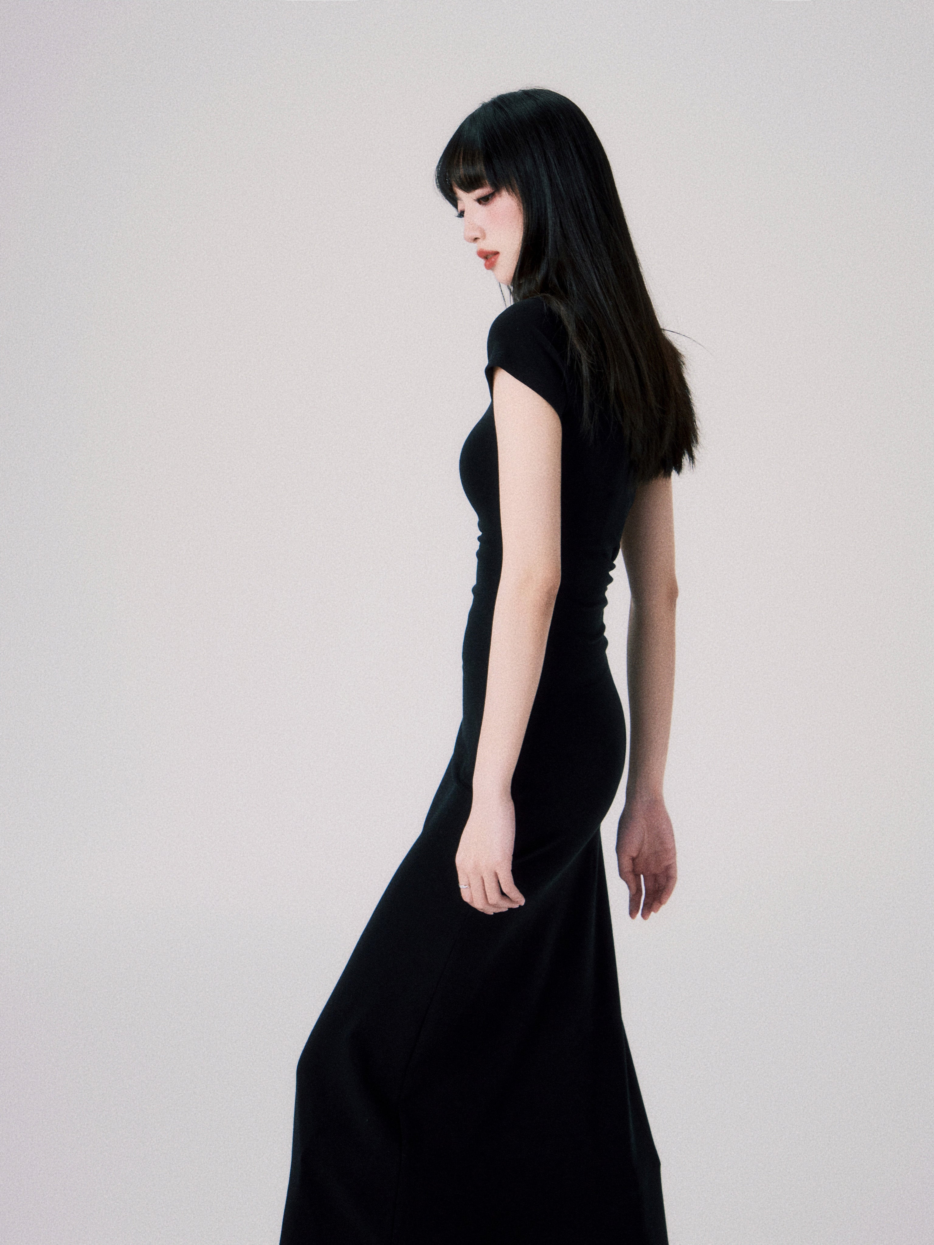 Bottle-neck Short-sleeved Slim Long Dress