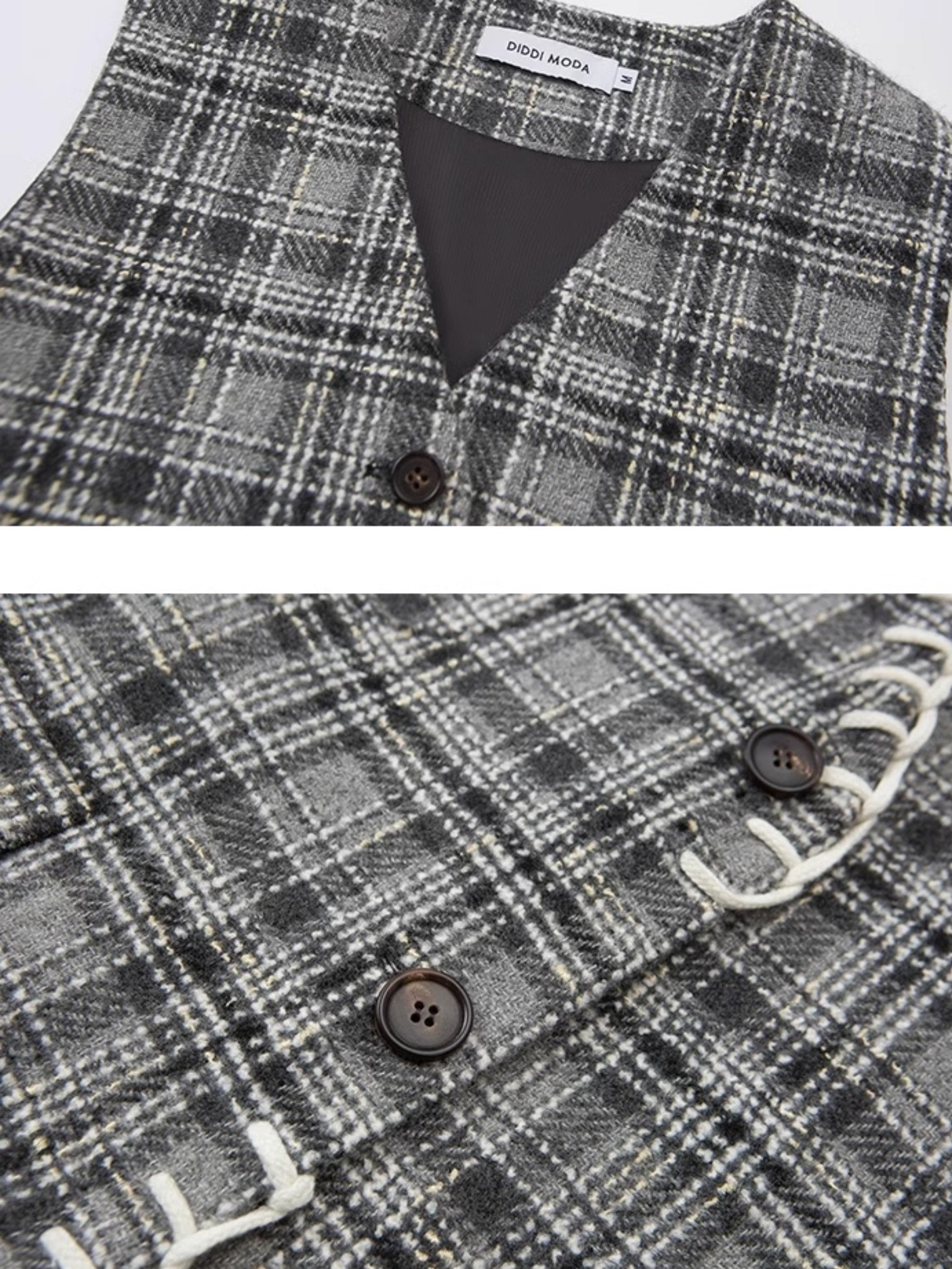 Woven Plaid No-Collar Jacket & Vest & Pleated Skirt