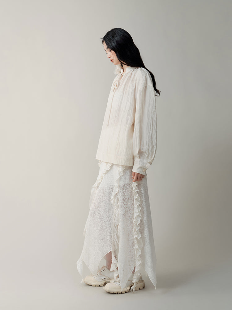 Mist Rose Stand Collar Tie Shirt