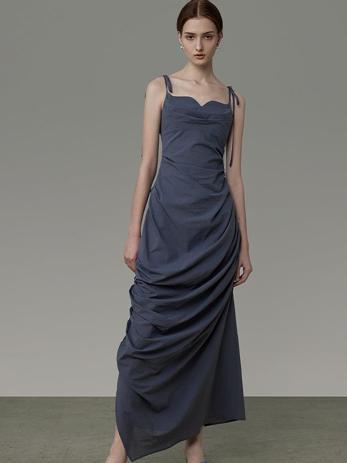 Curved Neckline Drape Suspender Dress