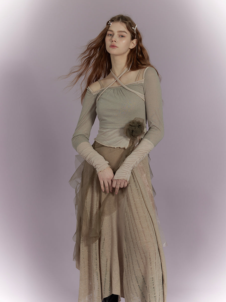 Rose Brooch Sling One-Piece & Lace-Up Top