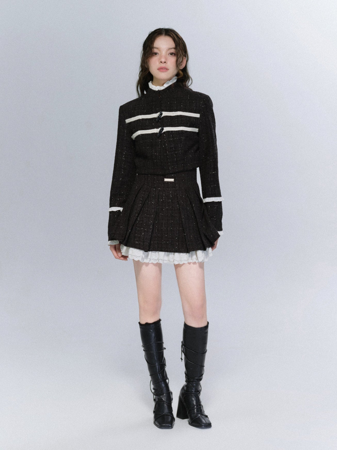 Tweed Stand-Collar Cropped Jacket & Lace Stitch Short Pleated Skirt