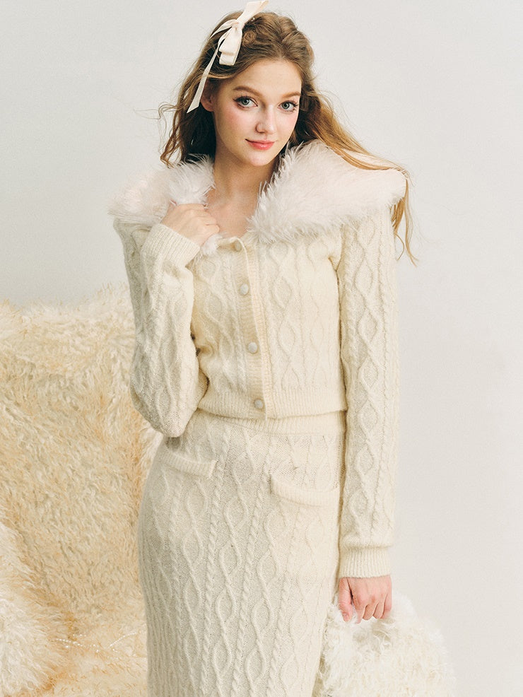 Fur Collar Twist Knitted Cardigan & Long Skirt