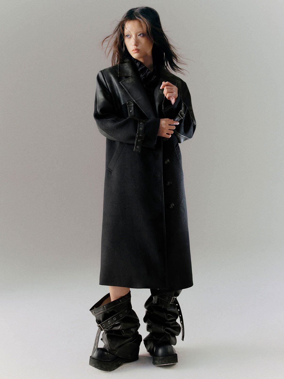 Tie-dye Leather Switching Belted Coat