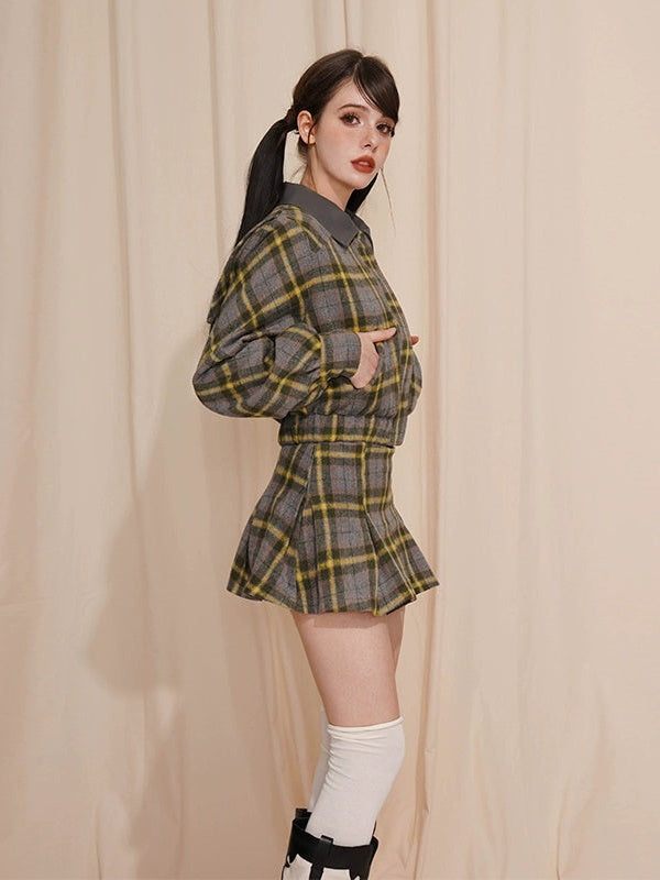 Plaid Short Navy Collar Jacket & Pleated Skirt
