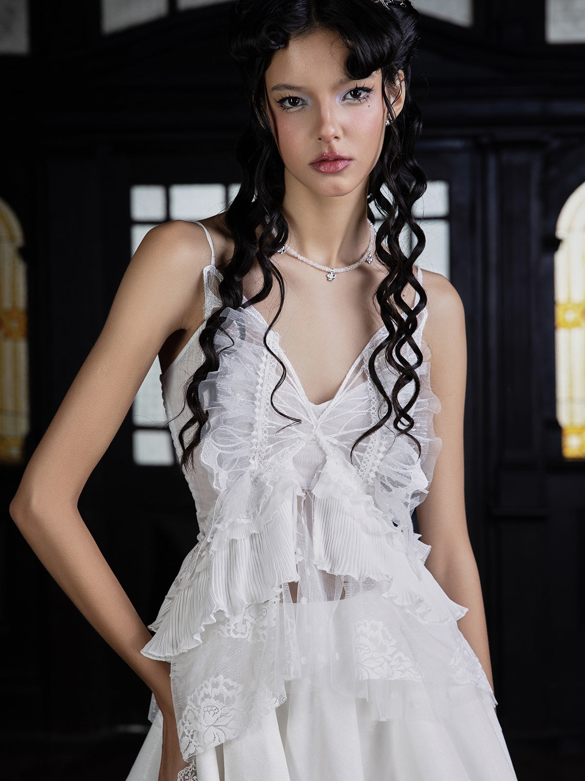 Butterfly Lace Mesh Camisole & Irregular Lace Stitching Skirt