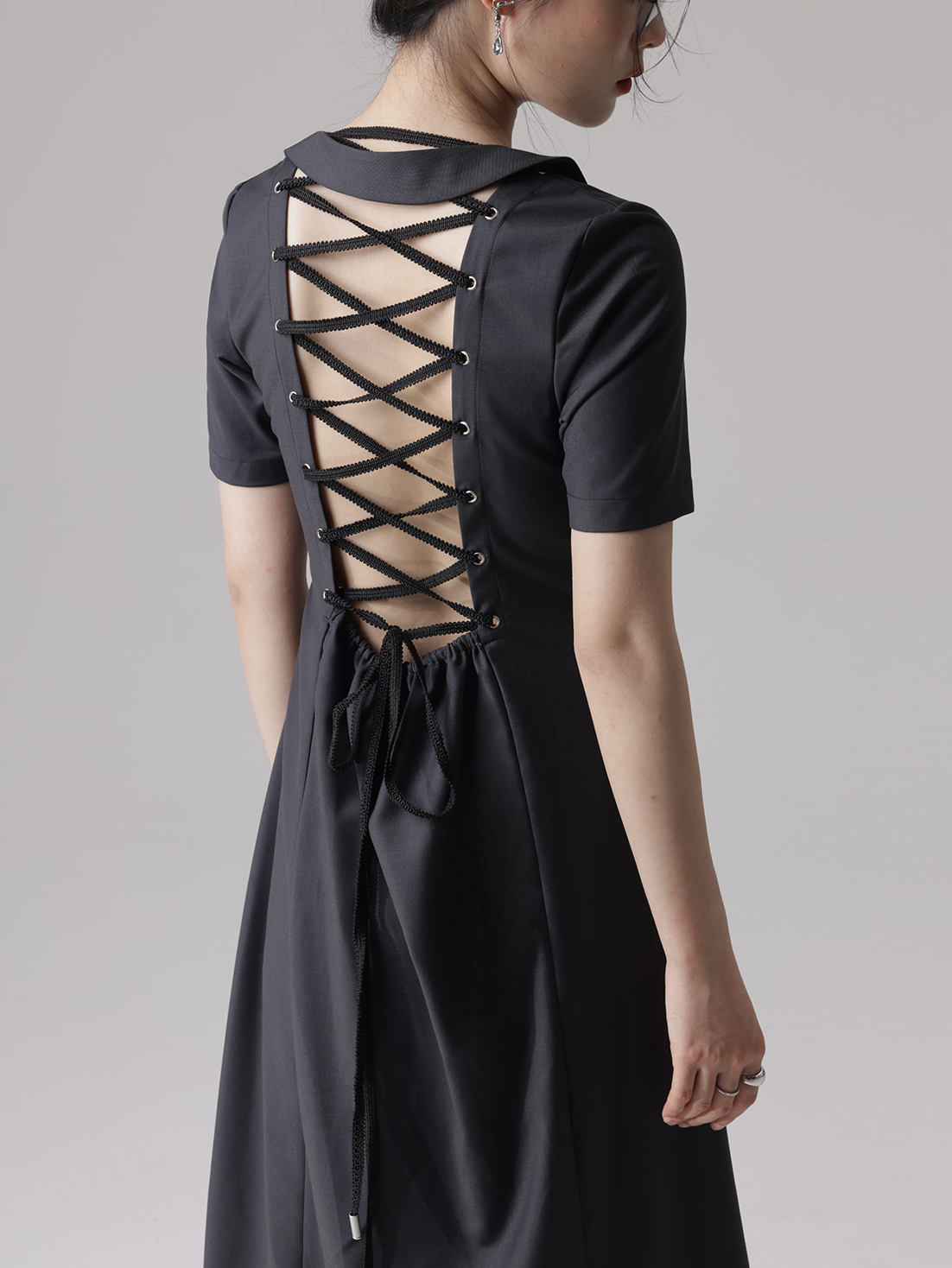 Futuristic Backless Lace-up Asymmetry Collar Dress