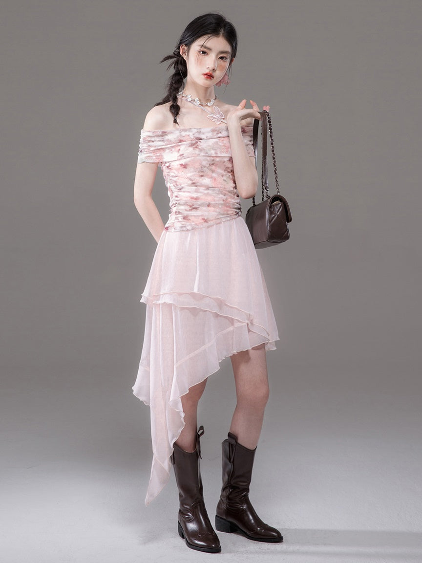 Mesh Print Off-Shoulder Top & Layered Asymmetry Skirt Set-up