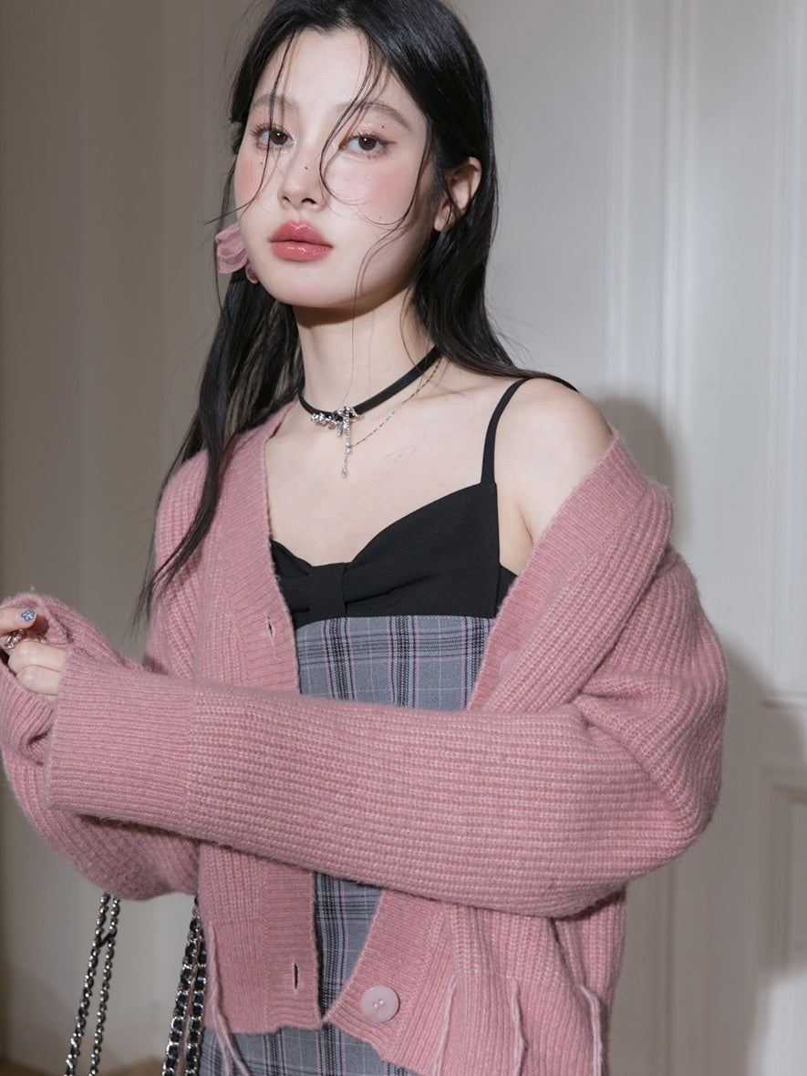 Plaid Suspender Jupe et Bow Tie Pullover Configuration