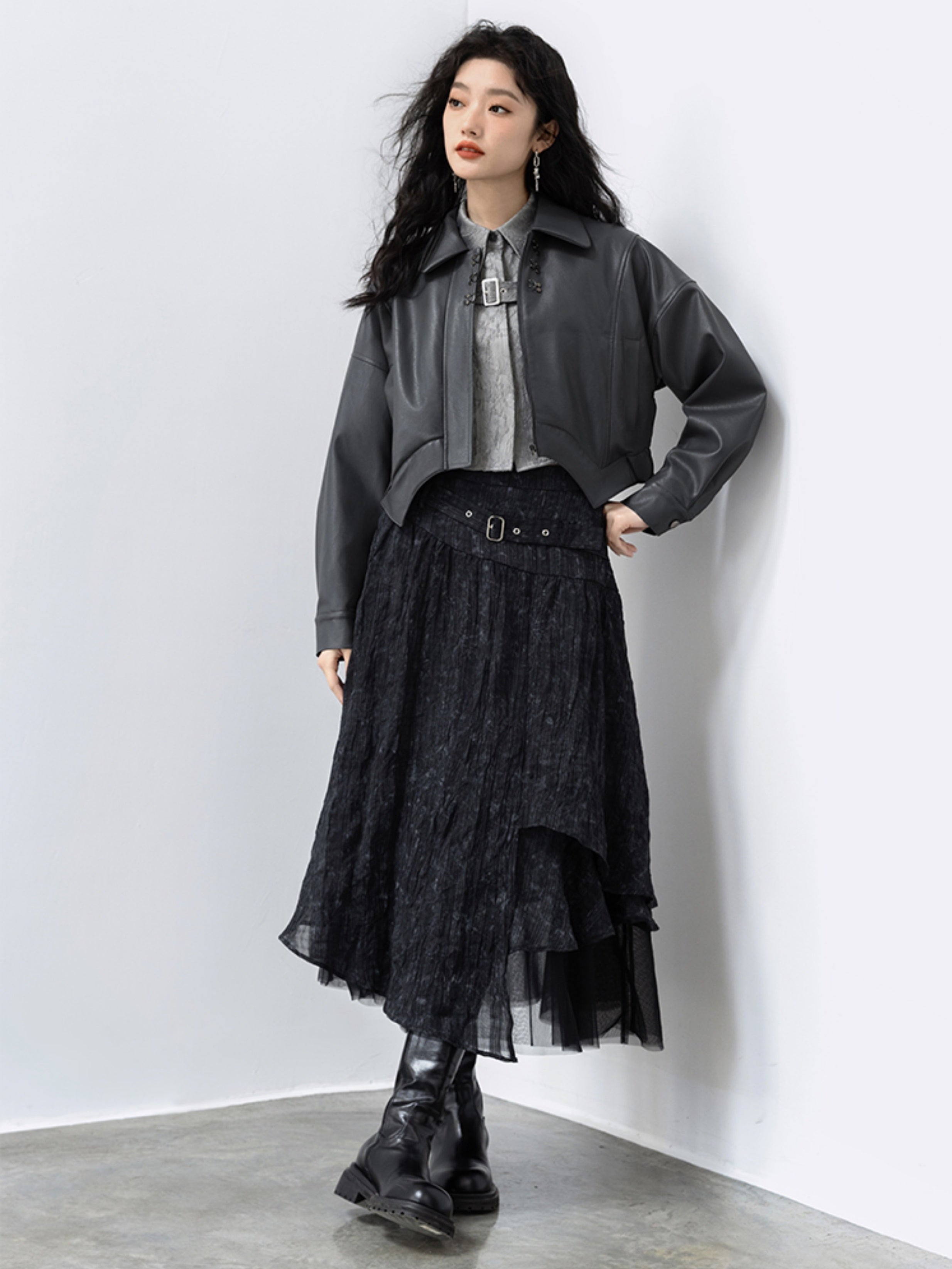 불규칙한 밑단 가죽 오토바이 재킷