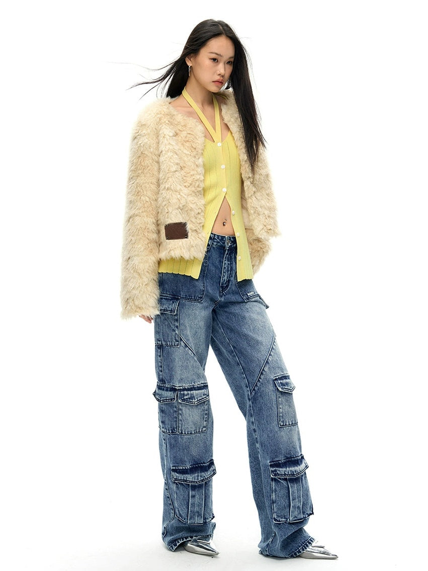 컬 둥근 목 모피 재킷