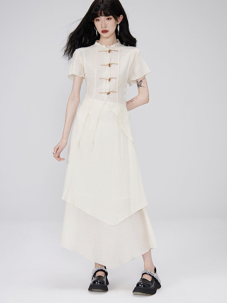 Irregular Hem Sheer Shirt & Layered Design Skirt