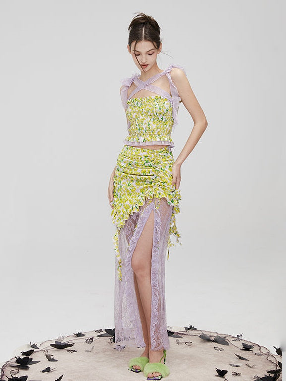 Floral Strap Shirring Tube Top