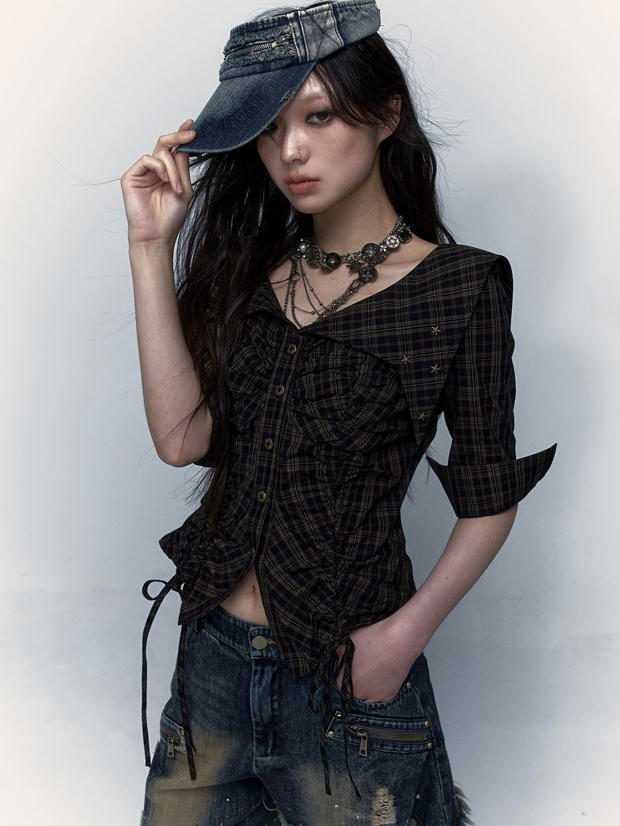 Palace Distressed Pleated Plaid Short Mid-sleeve Shirt