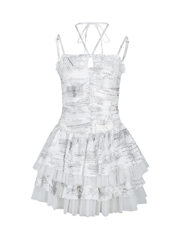 Retro Newspaper Shirring Suspenders Fluffy Dress