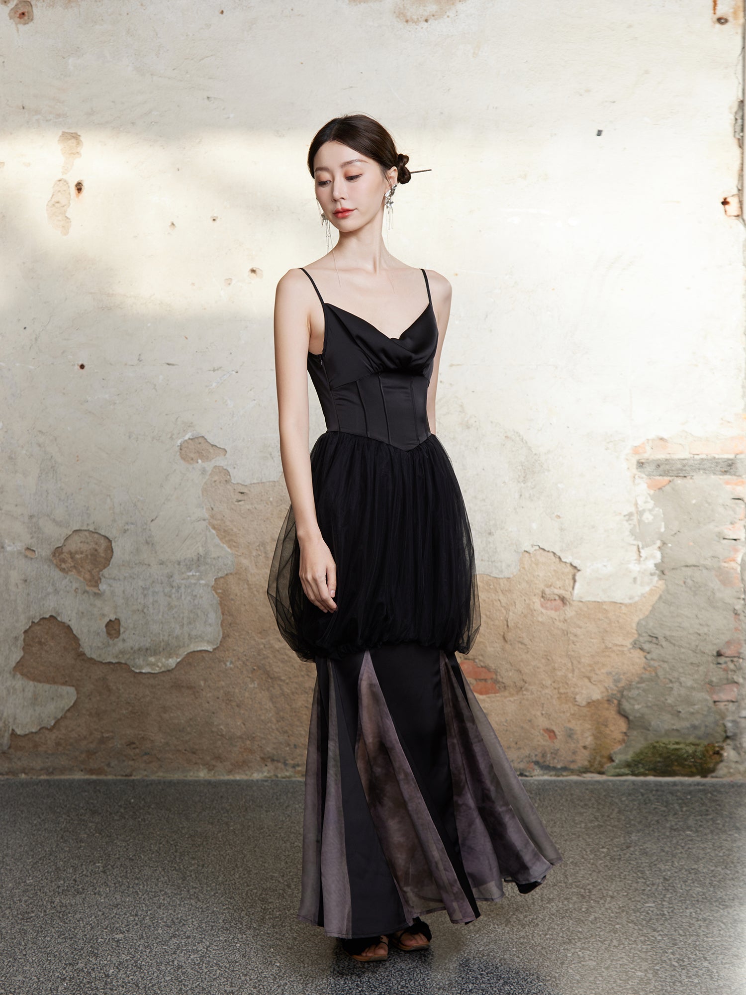 메쉬 꽃 새싹 미끄러짐 긴 드레스