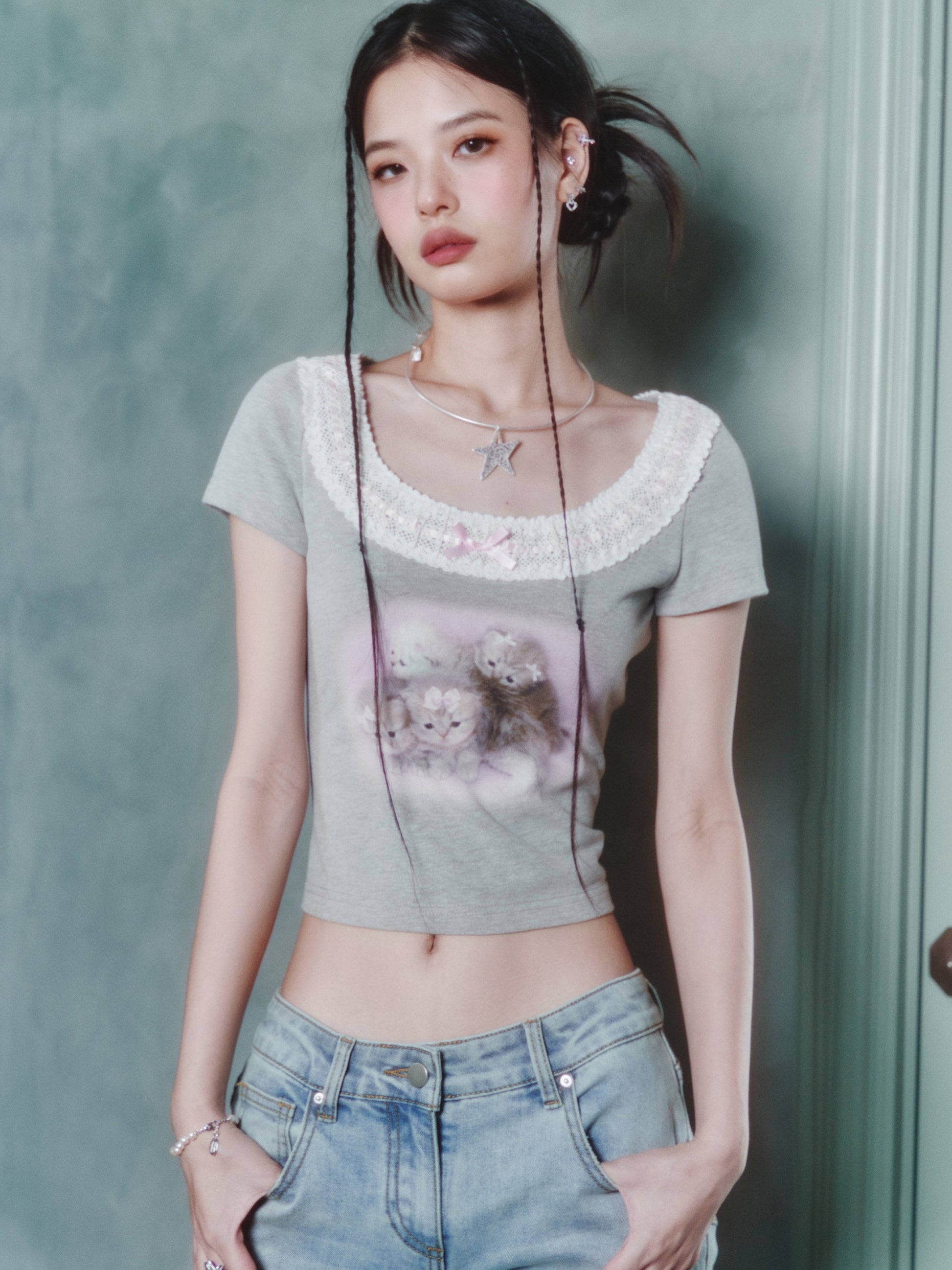 새끼 고양이 프린트 레이스 가장자리 짧은 티셔츠