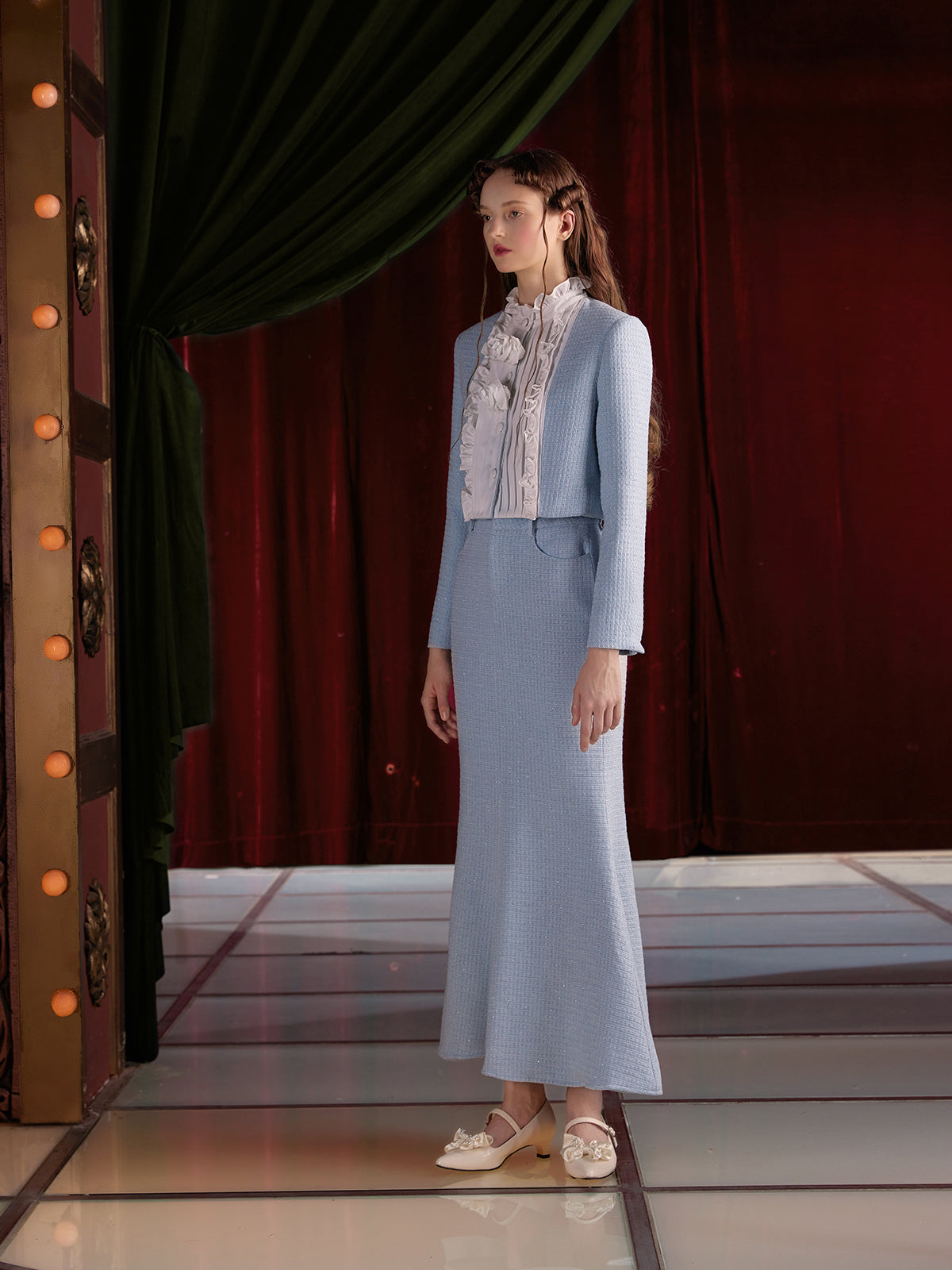 Pleated Ruffled Switching Tweed Touch Jacket & Mermaid Skirt