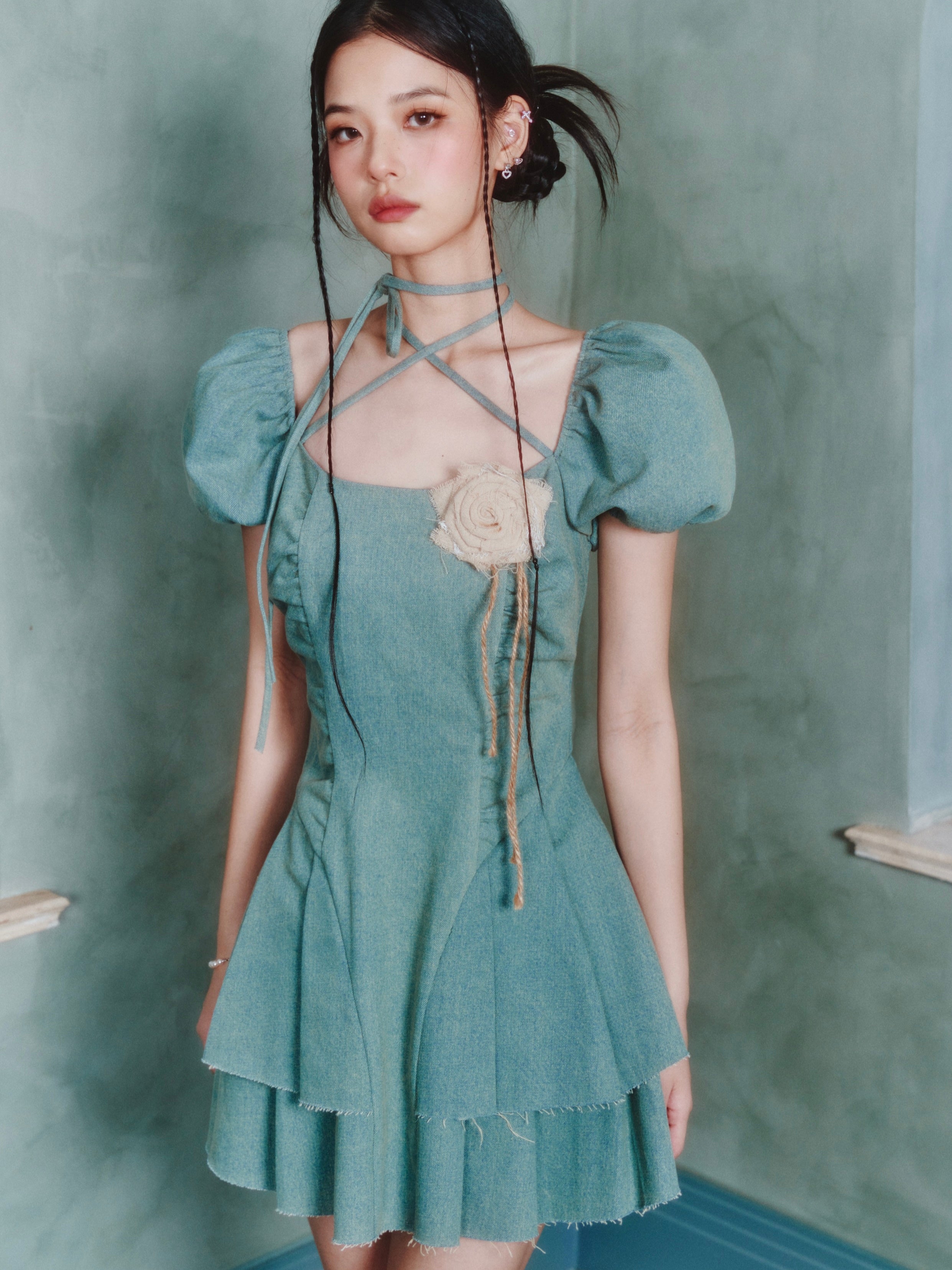 Lace-up Pleated Puff Sleeve Denim Dress