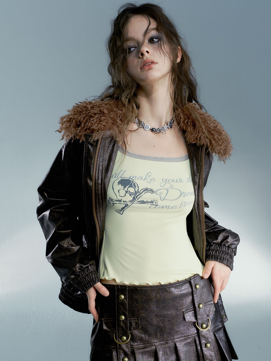 Abnehmbares Plüschkragen lose Lederjacke