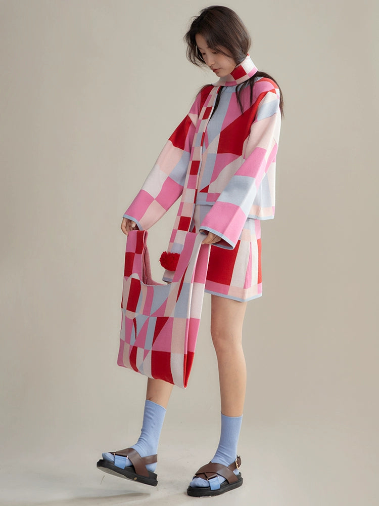 Mosaic Plaid Tulip Stole& Handbag & Knitted Sweater & Skirt