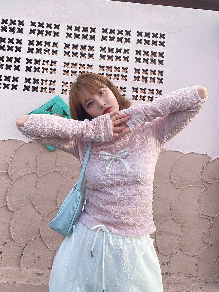 Long-sleeved Wrinkled Hollow Bowknot Bottoming Shirt