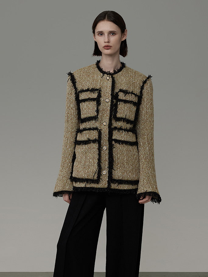 Bi-Color Tweed Fringe Formal High-End No-Collar-Jacket