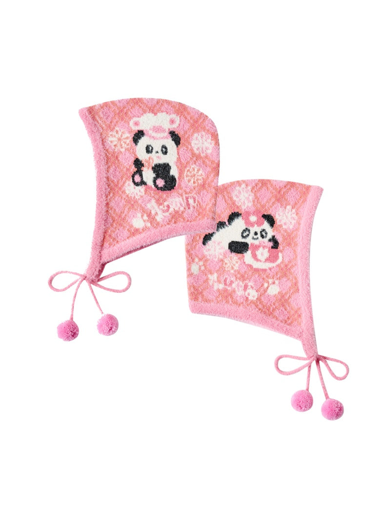 레트로 격자 무늬 자이언트 팬더 봉제 니트 귀 보호 모자