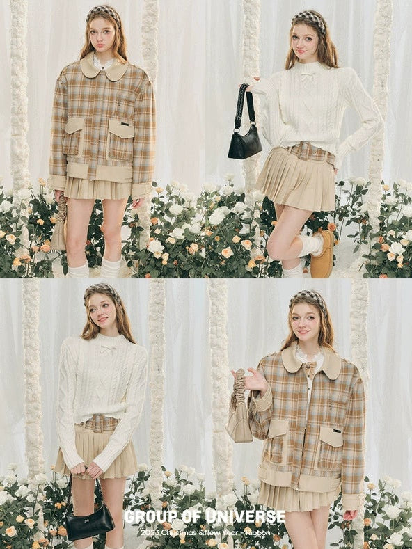 Plaid Round Collar Short Jacket & Mini Pleated Skirt