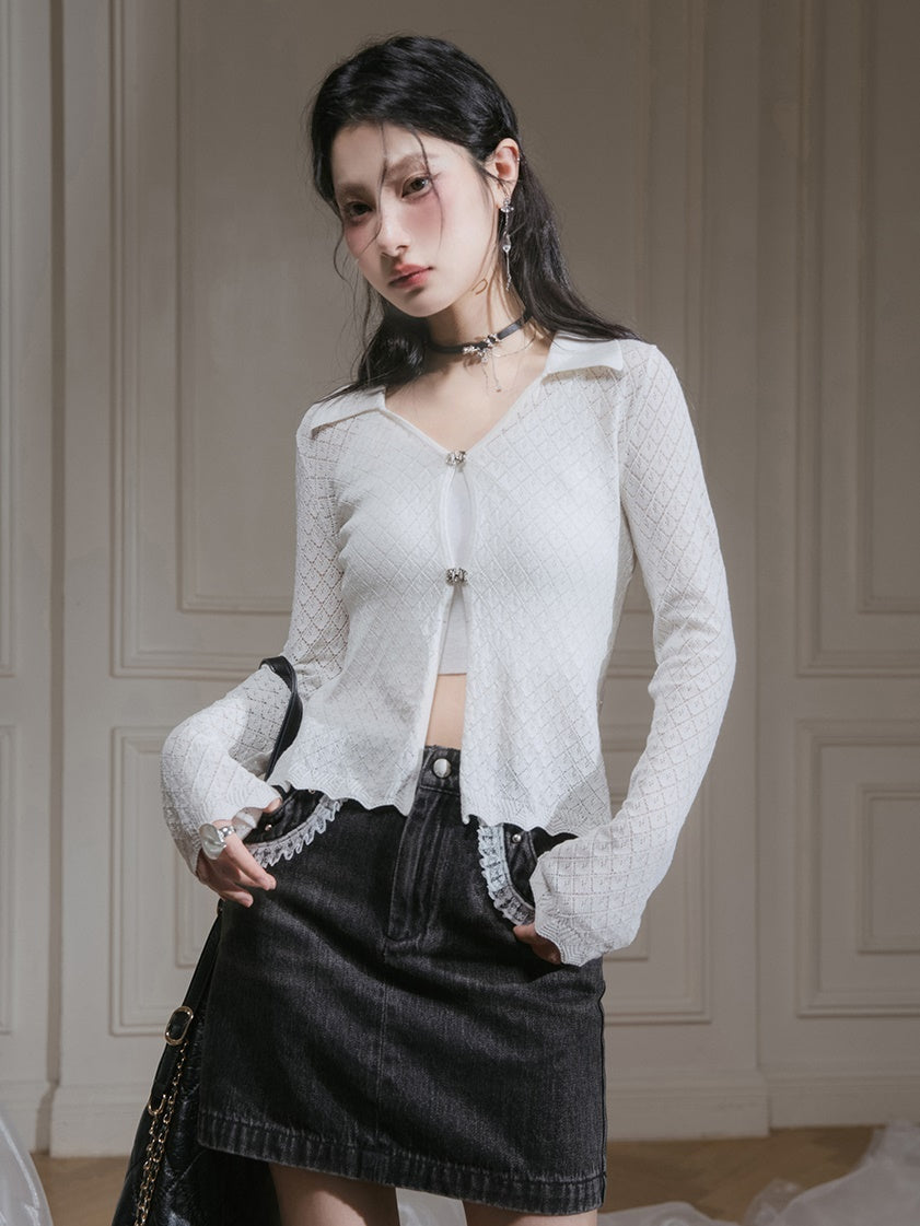 Hollow Short Knitted Cardigan & Camisole Set-up