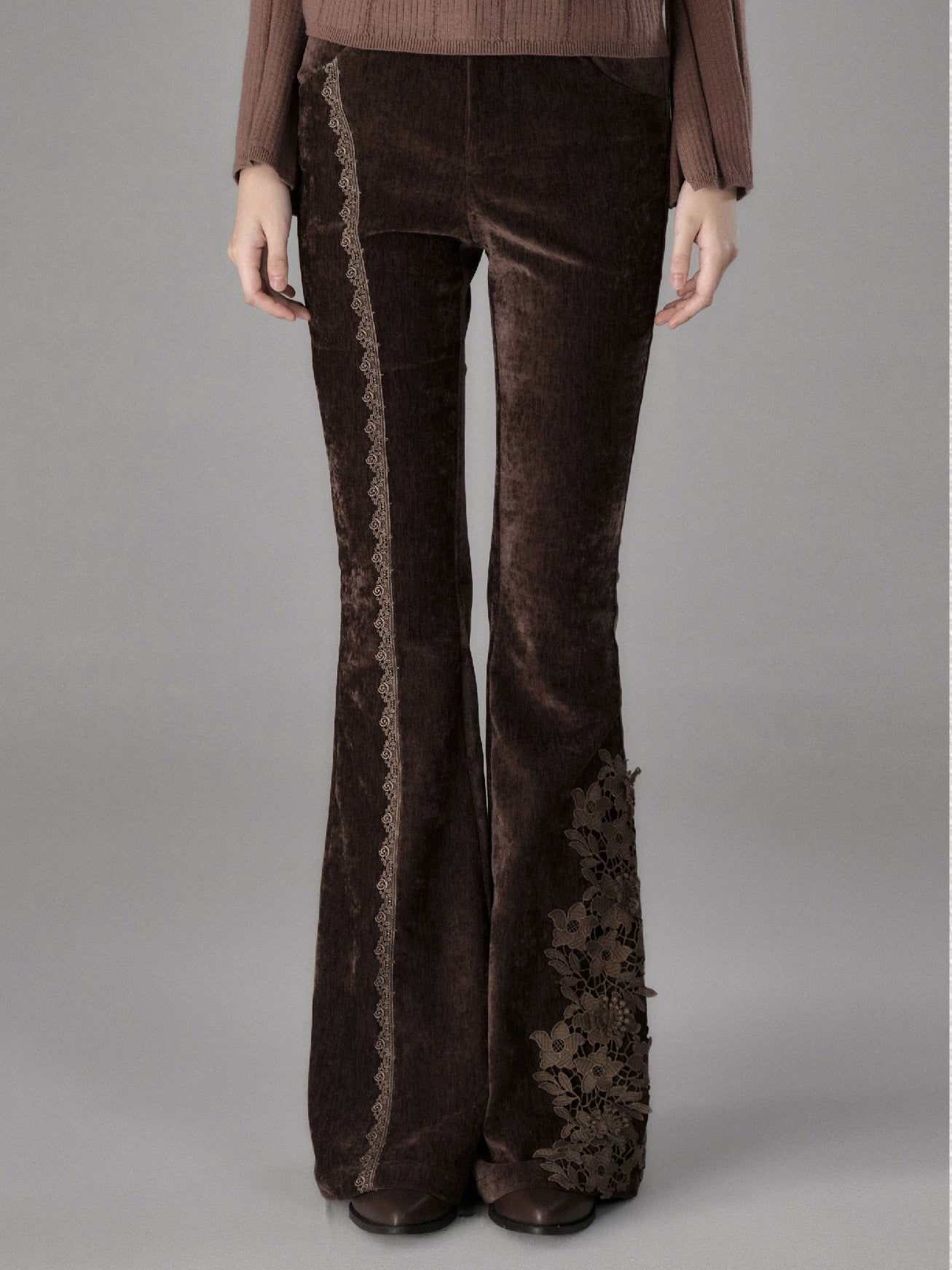 Lace Stitch Elastic Slim Velvet Bootcut Pants