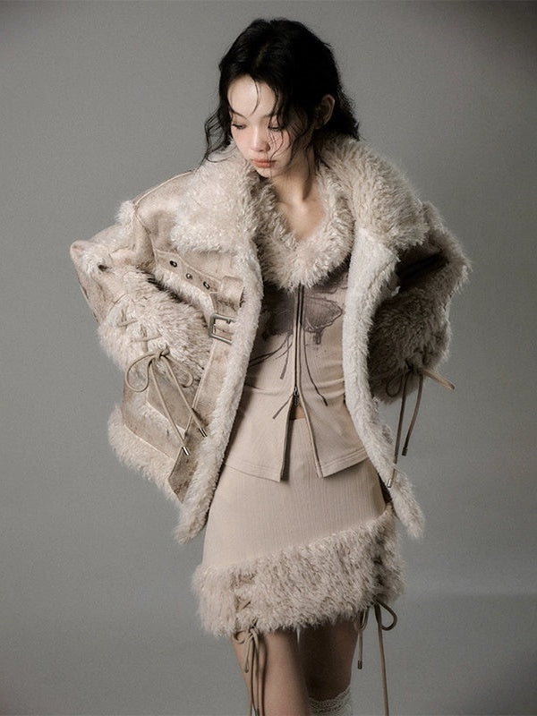 Fur Stitch Strap Loose Fluffy Jacket