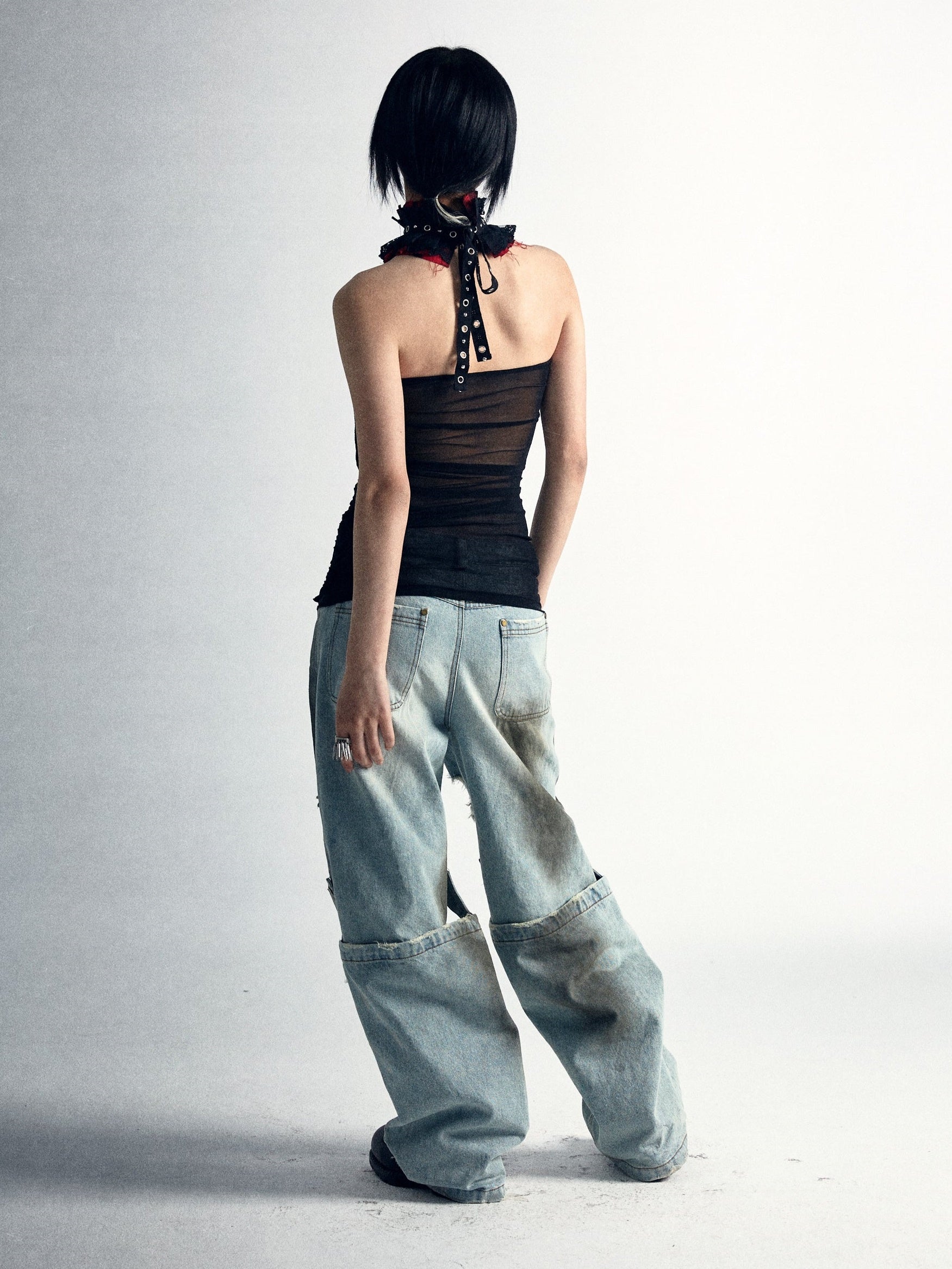 High-elastic Mesh Splicing Strap Top