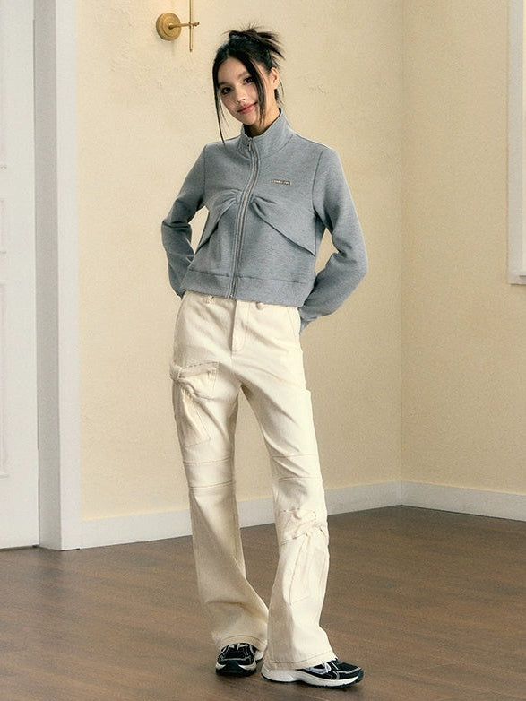 Ribbon Design Stand Collar Sweat Jacket