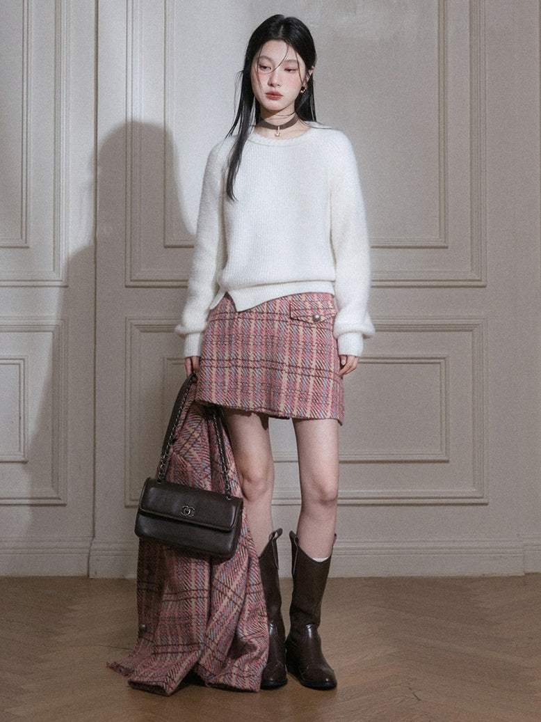 Plaid Tweed Asymmetry Design Jacket & Skirt
