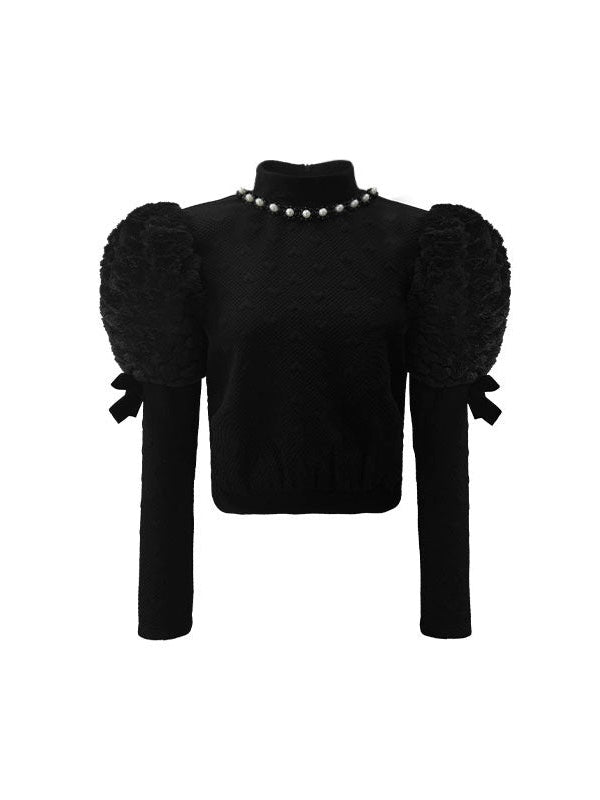 모피 소매를 좋아합니다. 보우 진주 장식 짧은 상단