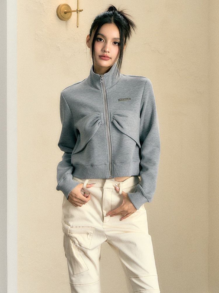 Ribbon Design Stand Collar Sweat Jacket