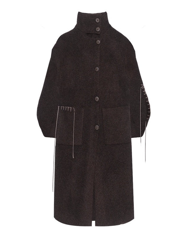 High-Neck Loose Long Soft Waxy Coat