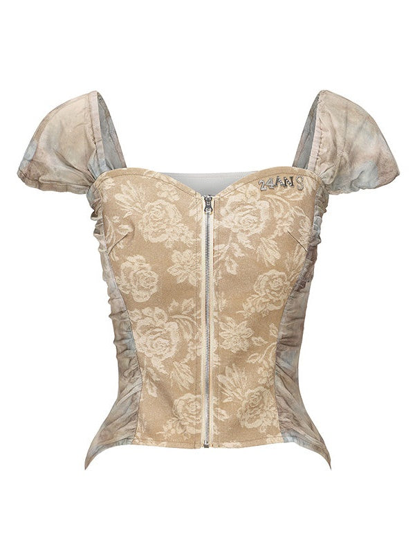Florale französische Ärmelzip-up-Top & Rammstichrock