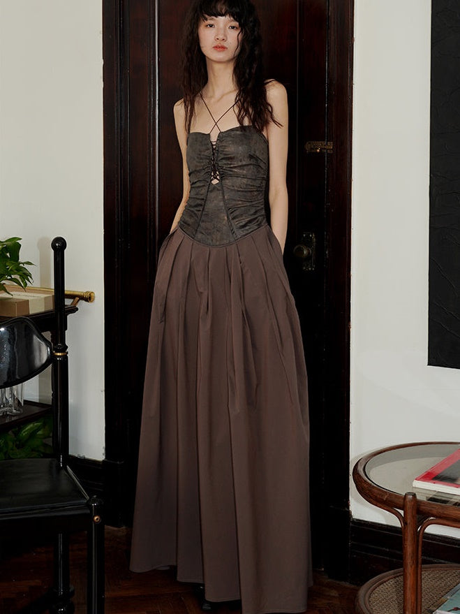 Polarized Faux Leather Hollow Suspender Long Dress