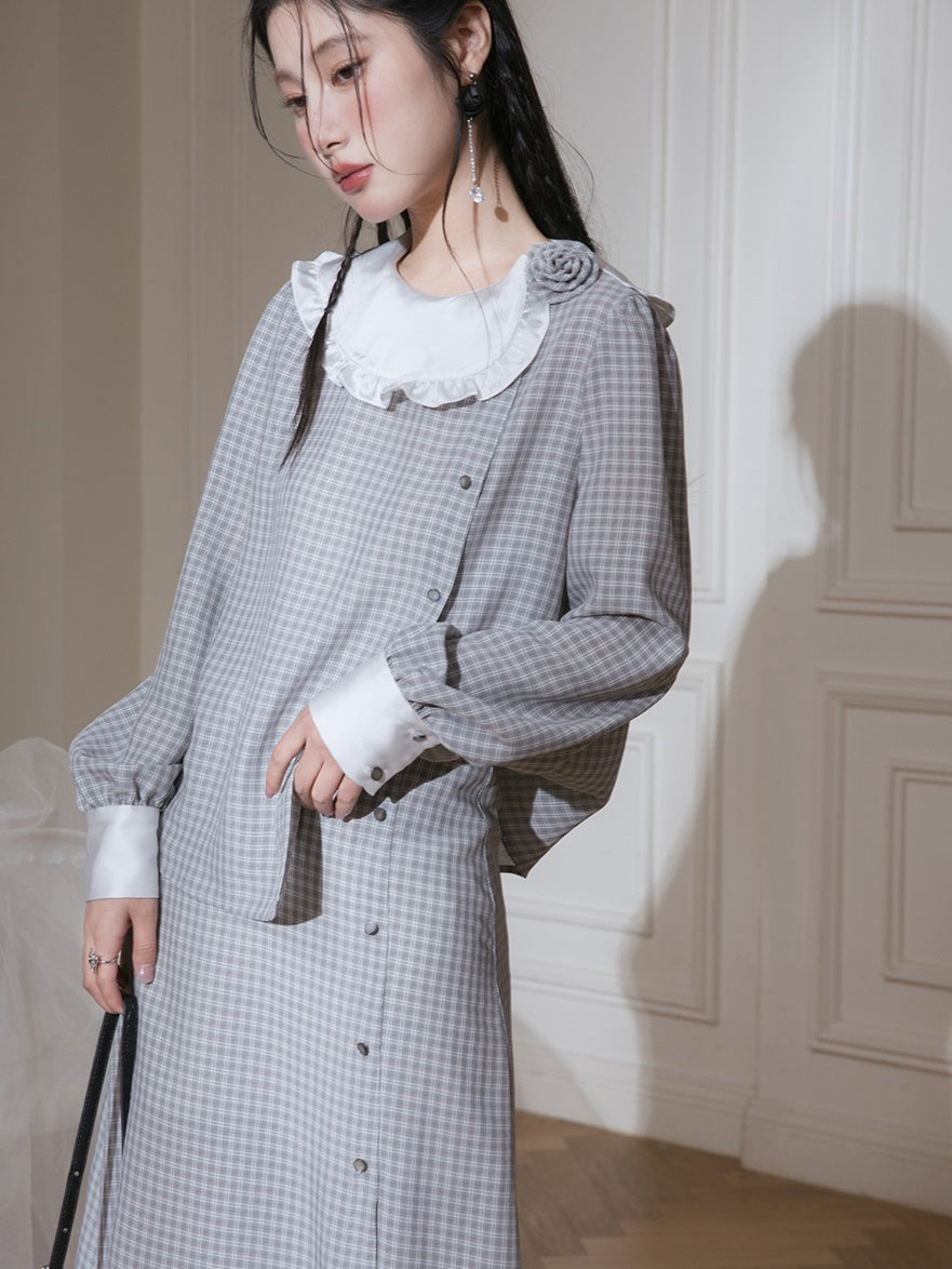 Contrast Color Plaid Shirt & Asymmetry Skirt Set-up