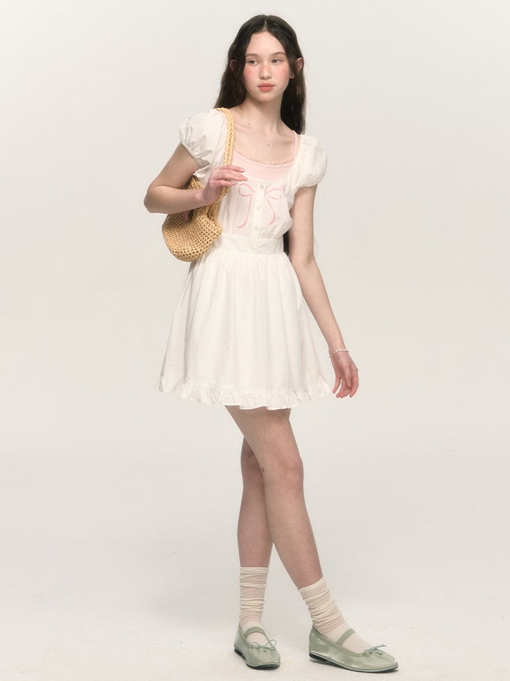 French Retro Bow Embroidery Puff Sleeve A-line One-piece