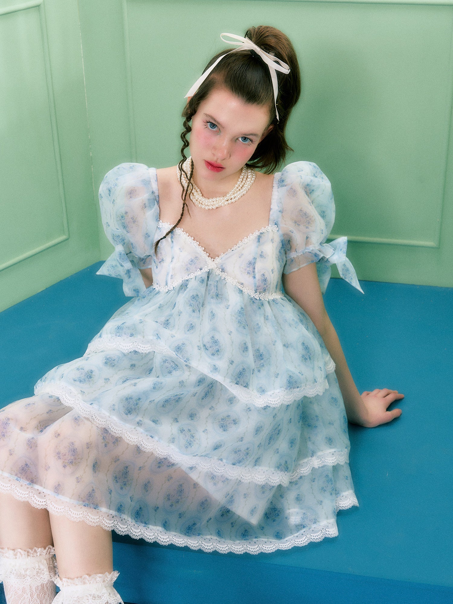 Organza Quadratkragen Puffhülsenkleid Kleid