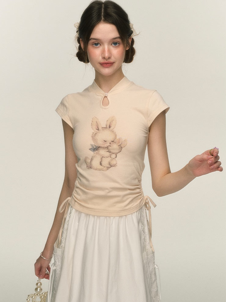 Chinese Style Rabbit Print Drawstring T-shirt