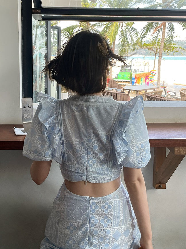 Hollow Lace Puff Sleeves Waistless Dress